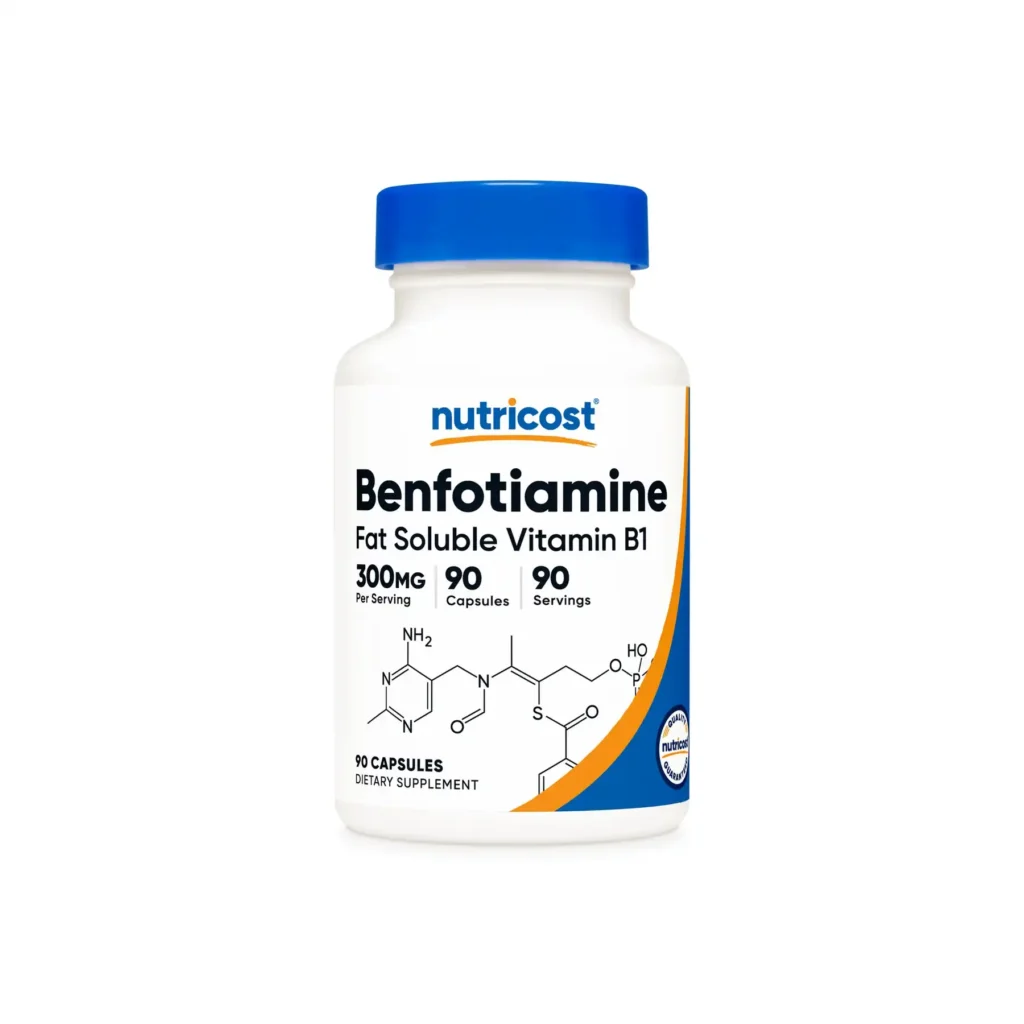Frasco de Benfotiamina 300mg Vitamina B1 90 cápsulas Nutricost.